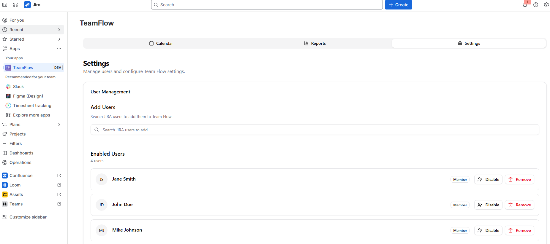 TeamFlow Settings Page showing User Management